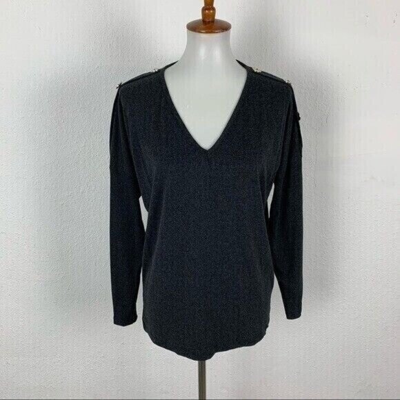 Milan Kiss Ribbed Top Small Gray Long Sleeve Slim Fit Basic V Neck - Picture 7 of 7